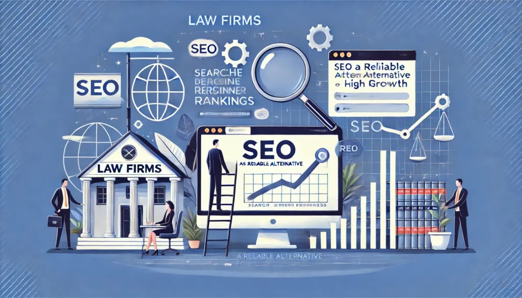 A visual representation of SEO as a reliable alternative for law firms - elements like a law firm office, a website being optimized, a search engine optimization.