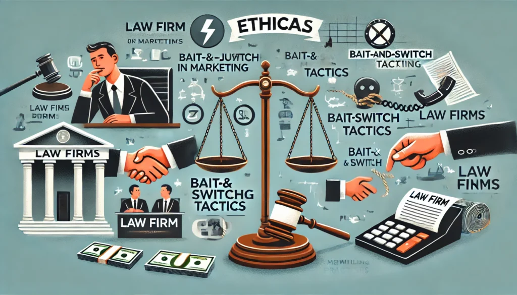 A visual representation of ethical concerns in marketing for law firms - elements like a law firm office, a scale of justice, bait-and-switch and a telephone.