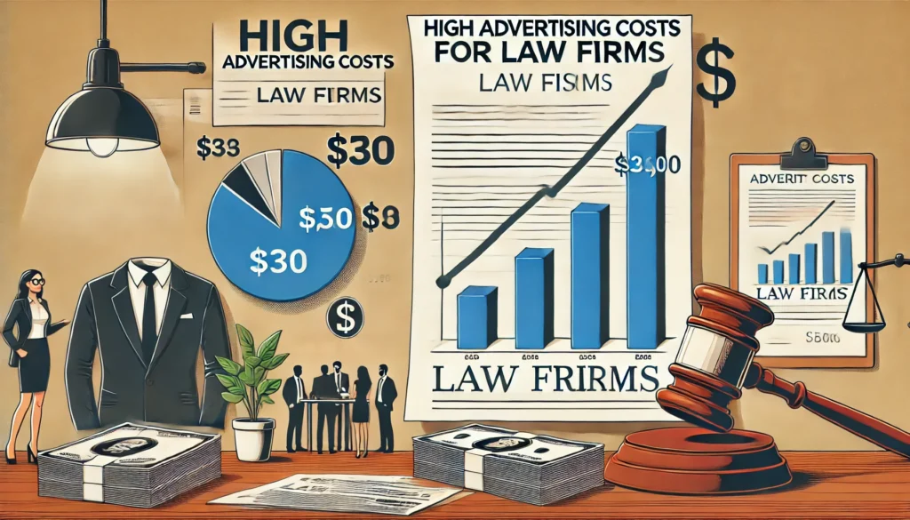 A visual representation of high advertising costs for law firms. Include elements like a law firm office, a large invoice or bill, and a graph showing rising advertising costs for law firms.